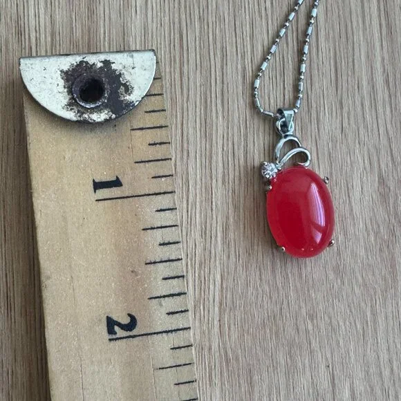 925 Sterling Silver Chain Red Cabochon Pendant Necklace - Picture 11 of 11